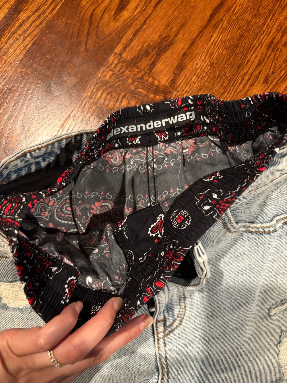 Alexander Wang Light Wash Distressed Denim Shorts with Black & Red Bandana Trim - Picture 4 of 7